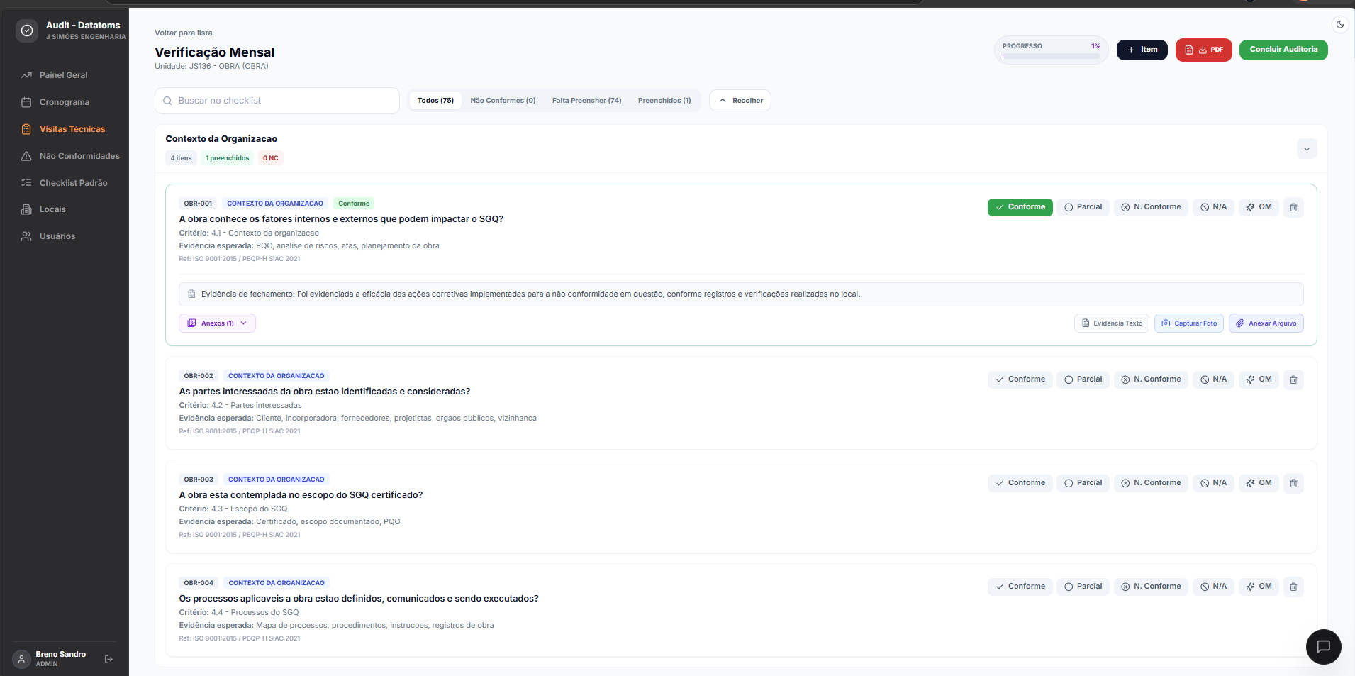Audit Datatoms Checklist Screen